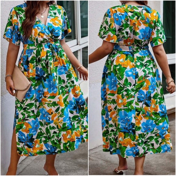 Plus Floral Print Butterfly Sleeve Dress - Picture 5 of 8